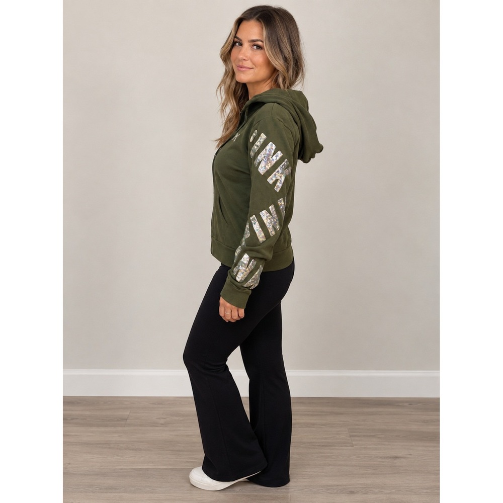 Victoria's Secret PINK Olive Green Sequin Logo Sleeves Full Zip Hoodie Size M